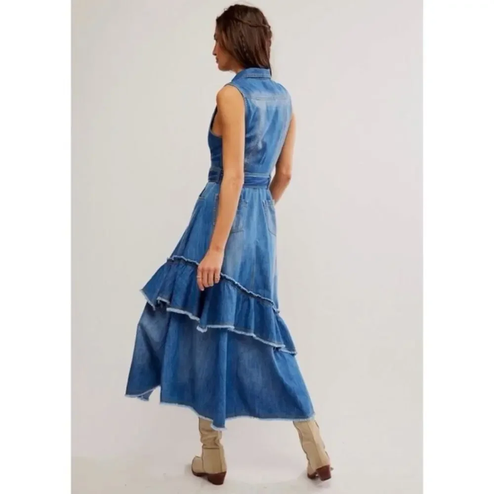 Free People Western Bohemian Ruffle Denim Midi Maxi Dress Belted Cowgirl Small